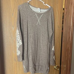Cozy Taupe Long Sleeve Tunic with Lace Sleeve Detail